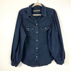 Free people With Love Snap Denim Western Shirt Dark Cowgirl Puff sleeve size M